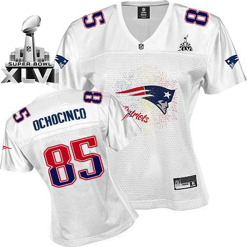 Patriots #85 Chad Ochocinco White 2011 Women's Fem Fan Super Bowl XLVI Stitched NFL Jersey - Click Image to Close